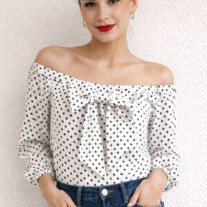 Women's vintage inspired blouse black/white polka dot size S feminine classic